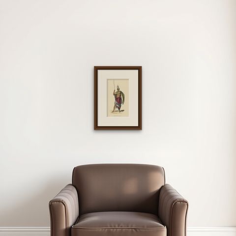 Antique Print of a Warrior from Roti or Rotti Island in East Indonesia, ca.1845, shown framed on a wall, true to size