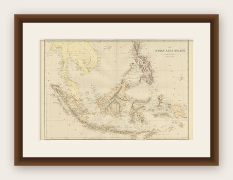 1882 Antique Map of Indian Archipelago, Southeast Asia, Blackie & Son, shown framed