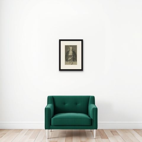 Engraving of Distinguished Governor-General of the VOC Christoffel van Swol 1724, shown framed on a wall, true to size
