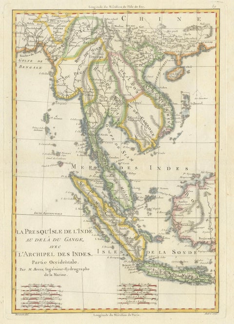 Elegant 18th Century Map of Southeast Asia, Siam, Sumatra & Java by Bonne, 1787, close-up 1