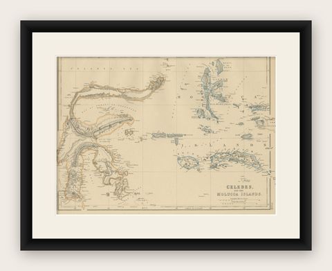 Antique Map of Celebes and the Maluku Islands by W. G. Blackie, 1859, shown framed