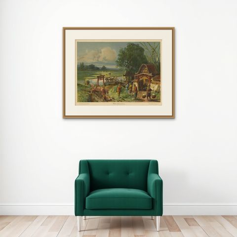Antique Print 'Schoolplate' of a Rice Field by F.E. Wachsmuth, circa 1900, shown framed on a wall, true to size