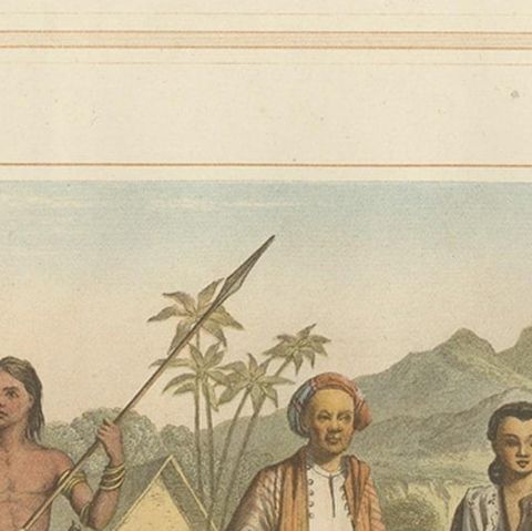Antique Chromolithograph Depicting Native Malays, Incl Dayaks of Borneo, 1882, close-up 2