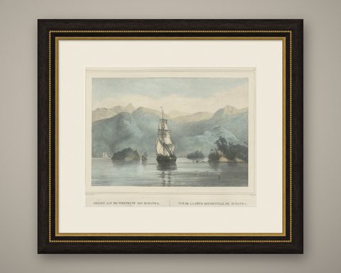 Antique Print of a Ship Near the Coast of Sumatra, Indonesia, c.1845, shown framed