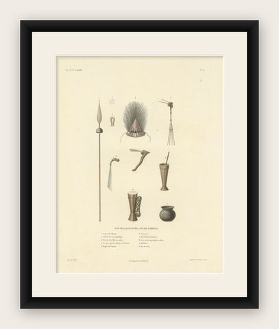 Antique Print of Artifacts from the Haven of Doreri, New Guinea, shown framed