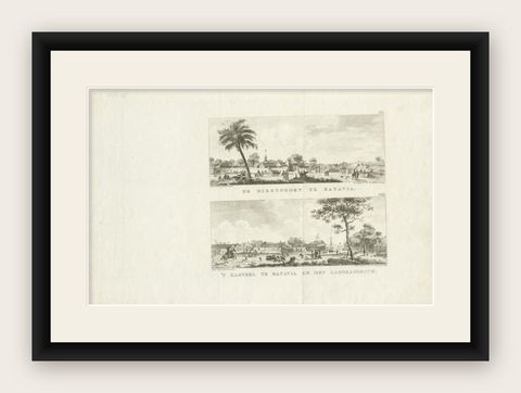 Antique Print with Two Views of Batavia by Conradi, 1782, shown framed