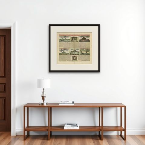 Antique Print of Dutch V.O.C. Trading Outposts and Forts in the East Indies, shown framed on a wall, true to size