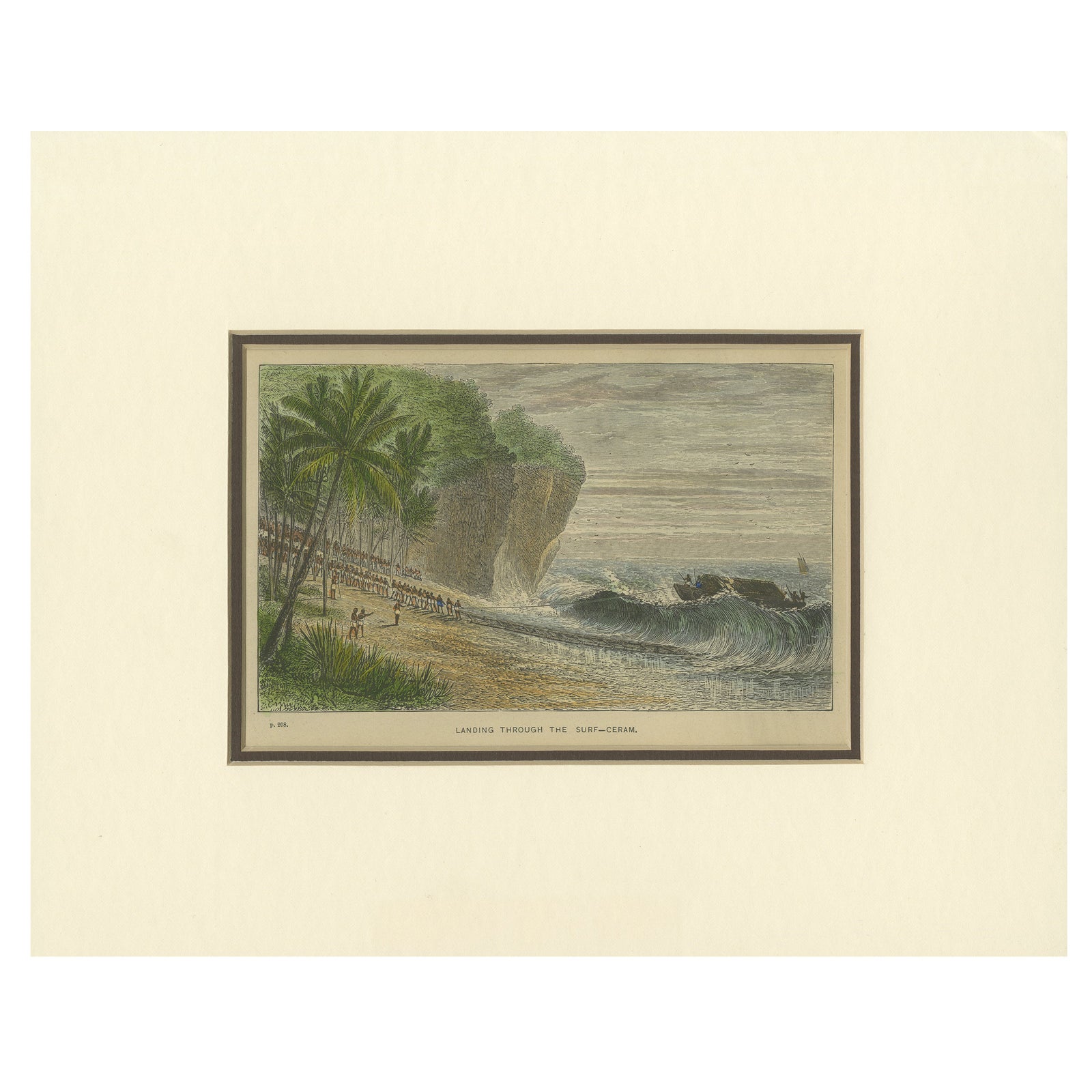 Landing Through the Surf, Ceram, late 19th-century hand-colored wood engraving