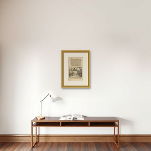 Old Print of a Battle near the Castle of Batavia in the Dutch East Indies, 1726, shown framed on a wall, true to size
