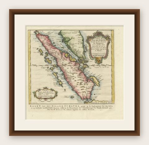 Rare 1770 Bellin Map of Sumatra with Stunning Decorative Cartouches, shown framed