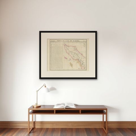 Detailed Antique Map of Northern Sumatra, Indonesia, circa 1825, shown framed on a wall, true to size
