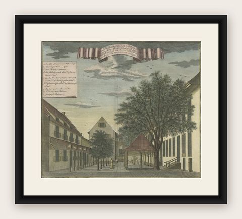 Old Print of the Governor-General's Residence in Batavia, Indonesia, 1739, shown framed