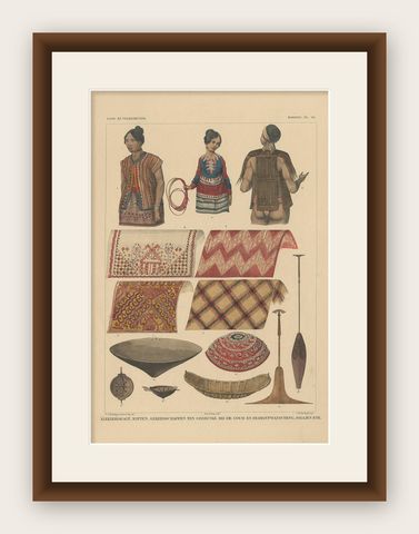 Print with Clothes and Utensils of Borneo 'Indonesia' by Temminck, circa 1840, shown framed