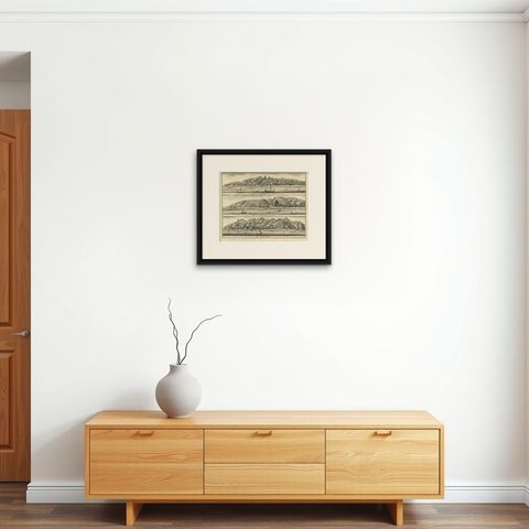 Antique Print with Three Views of Ambon by Valentijn, 1726, shown framed on a wall, true to size