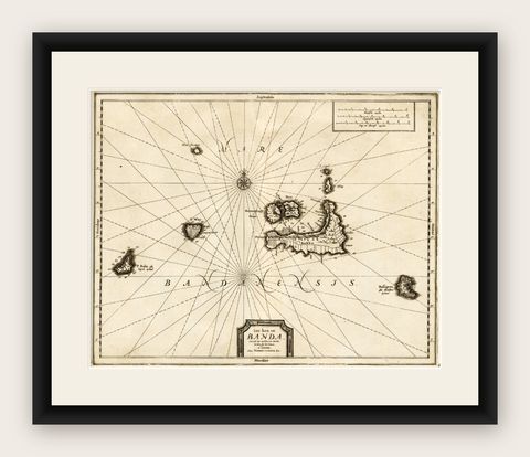 Antique Map of the Islands of Banda, Indonesia from a Very Rare Edition, 1725, shown framed