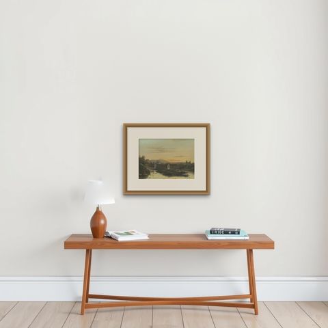 Brantas River as a Mountain Stream, East Java Landscape Lithograph, 1872, shown framed on a wall, true to size