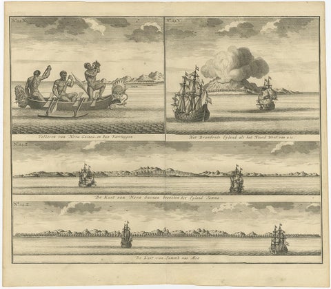 Old Print of VOC Ships & Native Fisherman and Coastal Views of New Guinea, 1726, view 2