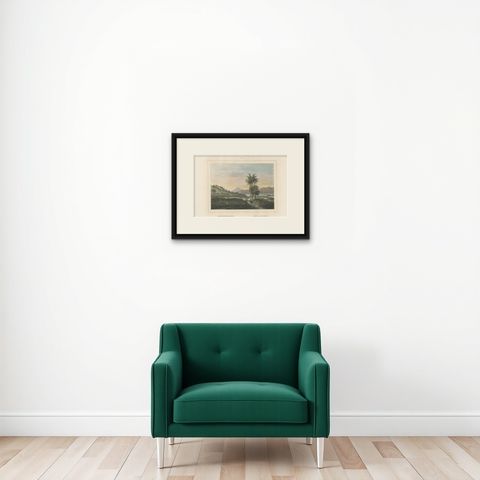Antique Print of the Dano Valley on the Island of Java, Indonesia, 1844, shown framed on a wall, true to size