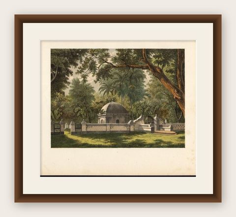 Antique Print of a Cemetery in Bontowala, Makassar, Celebes, Indonesia, 1888, shown framed
