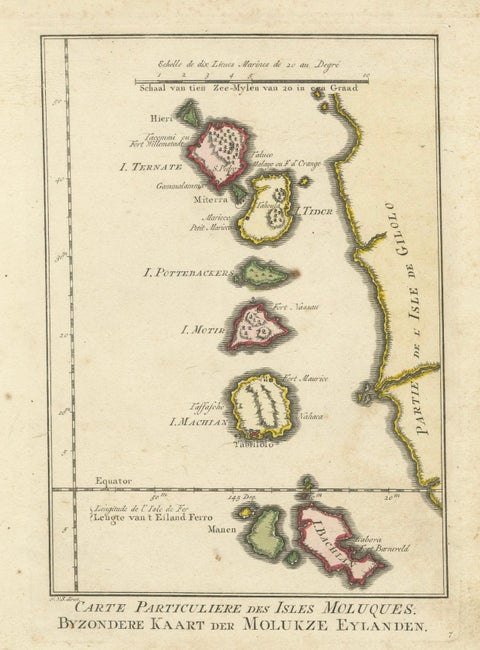 Old Map of the Spice Islands, Moluccas by Bellin, Published in 1771, close-up 5