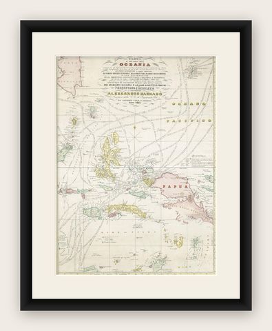Large Italian Map of Islands of Oceania, incl Papua, Timor, Banda, Ceram, 1855, shown framed