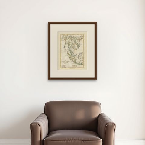 Elegant 18th Century Map of Southeast Asia, Siam, Sumatra & Java by Bonne, 1787, shown framed on a wall, true to size