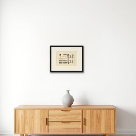 Print of Musical Instruments and Other Items of Java by Hurter 'circa 1830', shown framed on a wall, true to size