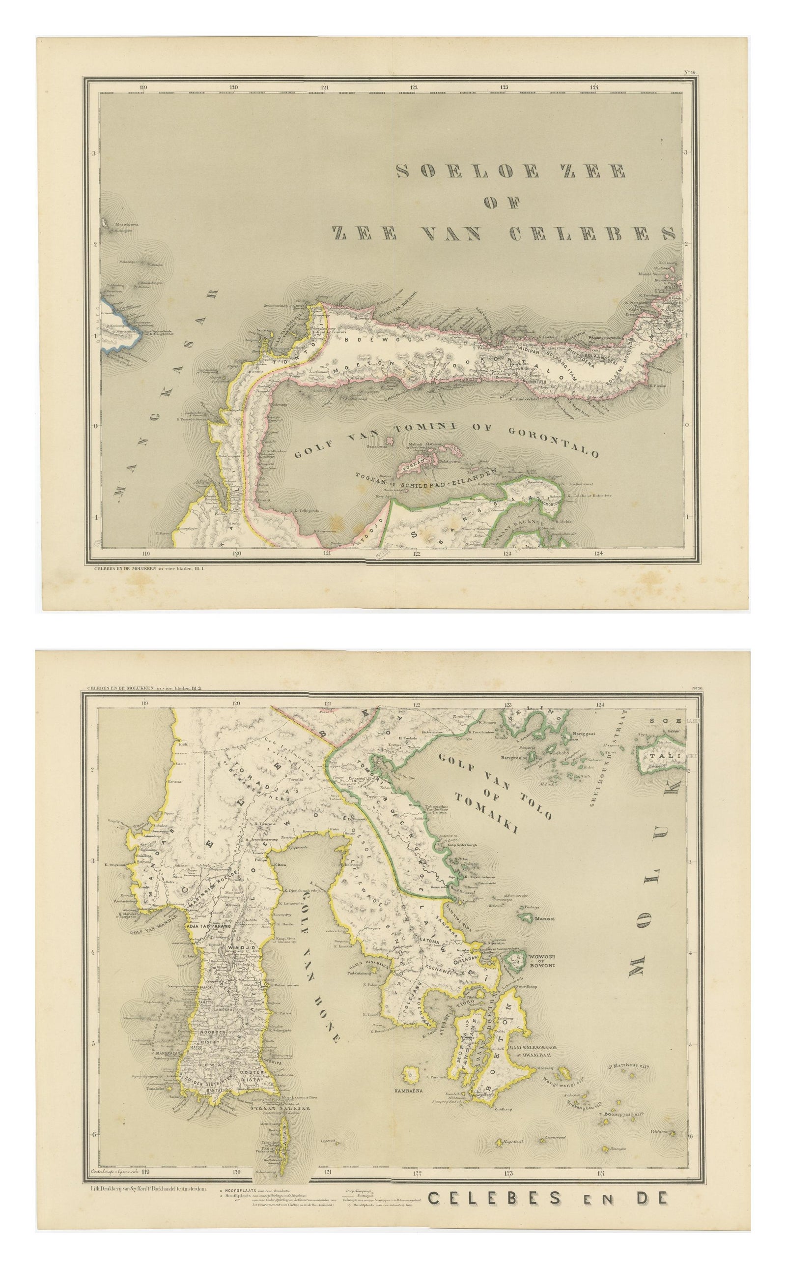 Antique Two-Sheet Map of Celebes Sulawesi, Dornseiffen, Dutch East Indies, 1884