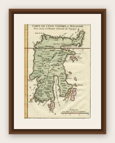 Antique Map of Celebes 'Sulawesi', Island in Indonesia, c.1750, shown framed