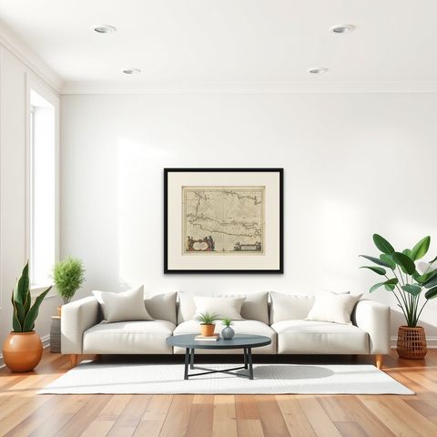 Antique Map of Java and Part of Borneo, Indonesia, c.1657, shown framed in a room, true to size