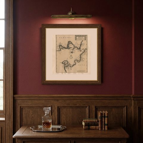 Sunda Strait Sea Chart, Sumatra and Java, Dutch Engraving c.1700, shown framed on a wall, true to size