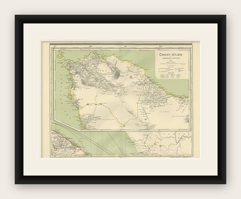 Antique Map of Aceh in Sumatra, Indonesia, 1900, shown framed