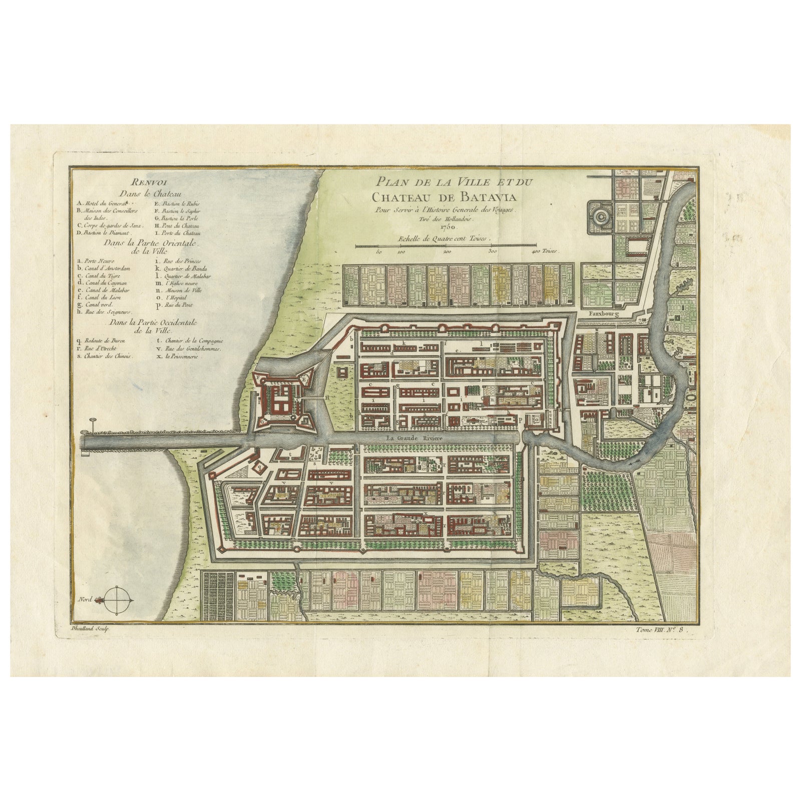Hand-Colored 1750 Plan of Batavia, Colonial Jakarta, Indonesia by Jacques Bellin