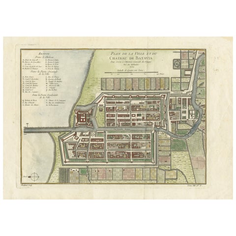 Hand-Colored 1750 Plan of Batavia, Colonial Jakarta, Indonesia by Jacques Bellin