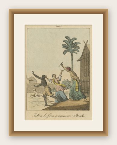 Antique Print of a Domestic Scene on Java, Indonesia, c.1840, shown framed
