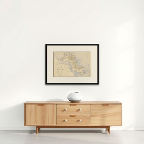 Antique Map of Bangka Island, Indonesia, 1885, shown framed on a wall, true to size