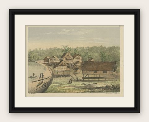Old Print of Houses of Longwai, West Kutai Regency, East Kalimantan, Indonesia, shown framed