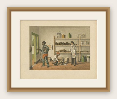 Antique Print of a Kitchen Storage in Batavia by M.T.H. Perelaer, 1888, shown framed