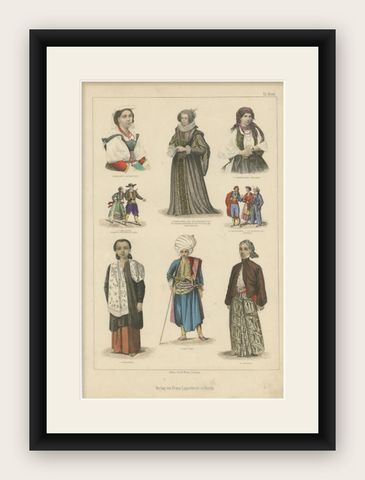 Antique Costume Print of Spain, Arab, Java and Others, C.1875, shown framed