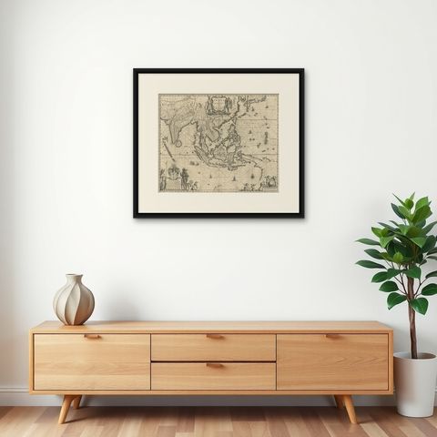 Map of Southeast Asia, Extending from India to Tibet & Japan to New Guinea, 1640, shown framed on a wall, true to size