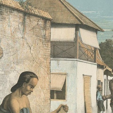 Antique Print of Javanese Woman Selling Ketupat by Van Pers 'circa 1850', close-up 2