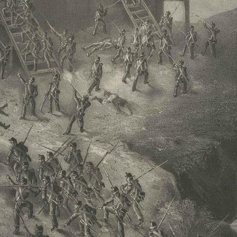 Rare Old Lithograph of the Assault of a Fort in Borneo, Indonesia, ca.1850, close-up 2