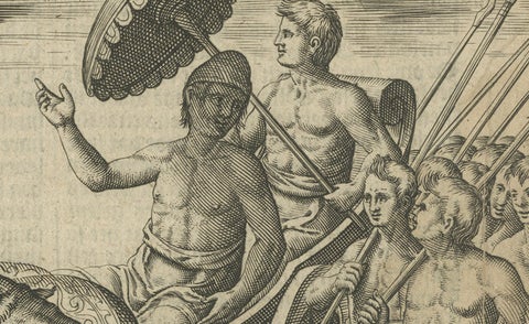 Earliest Depiction of Bali, Dutch Engraving of the King of Bali, c.1601, close-up 4