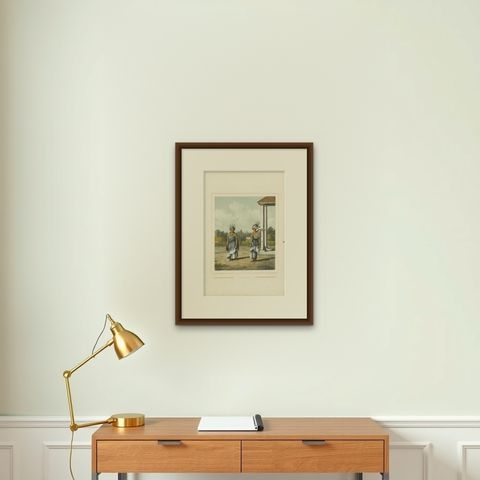 Antique Print of Indonesian Children dressed up as Dancers, Van Pers circa 1850, shown framed on a wall, true to size