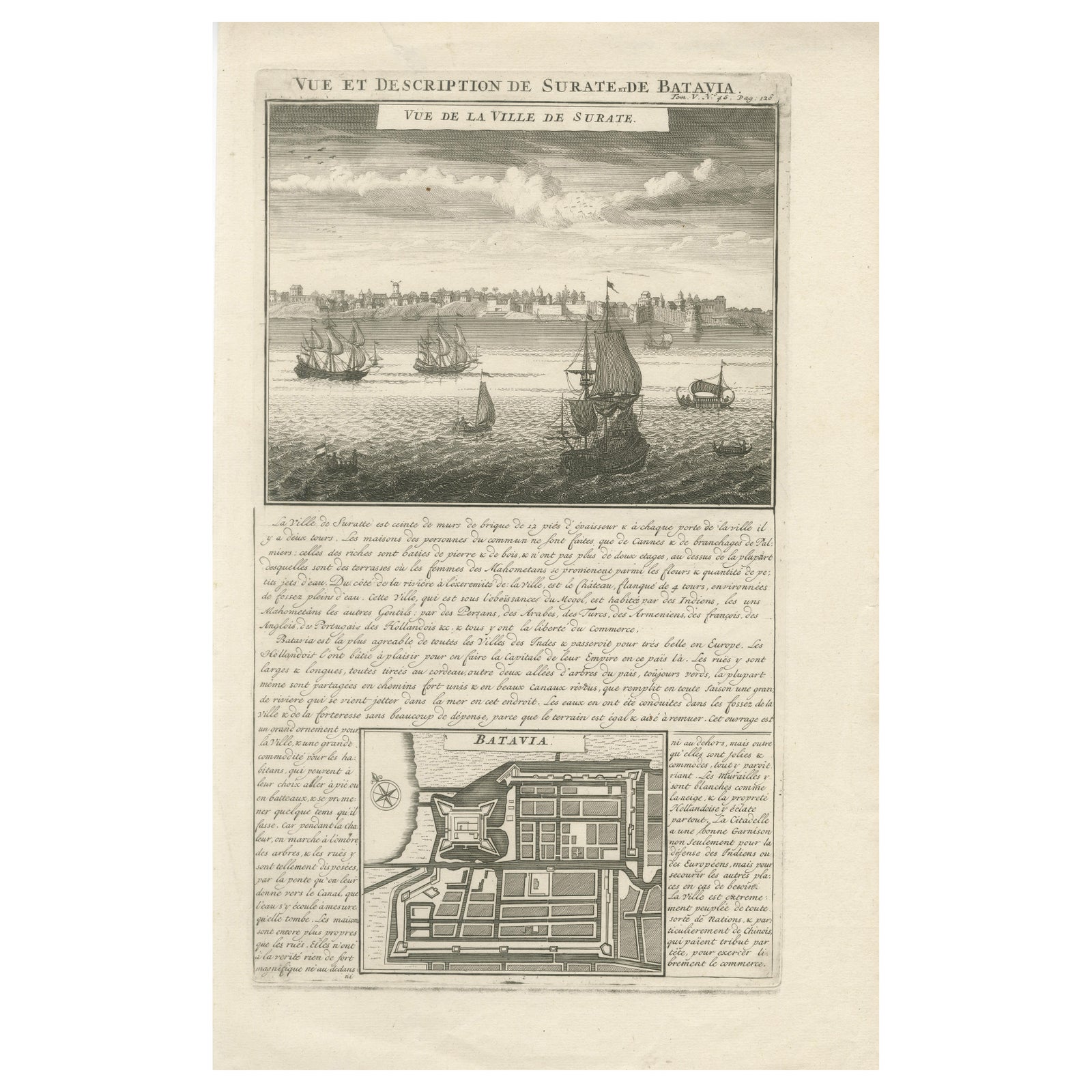 Antique View of Surat & Plan of Batavia, VOC India & Indonesia, Chatelain, 1719