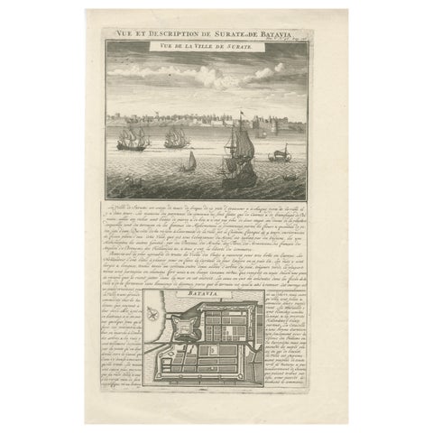 Antique View of Surat & Plan of Batavia, VOC India & Indonesia, Chatelain, 1719