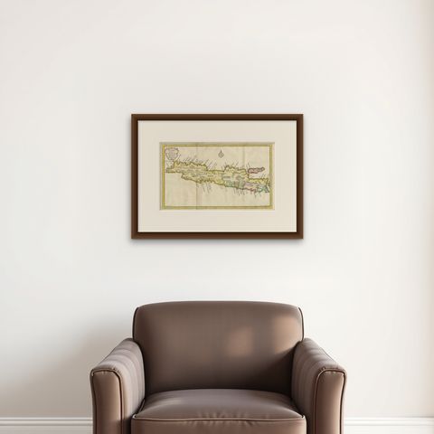 Scarce Antique Map of the Island of Java, Indonesia, shown framed on a wall, true to size