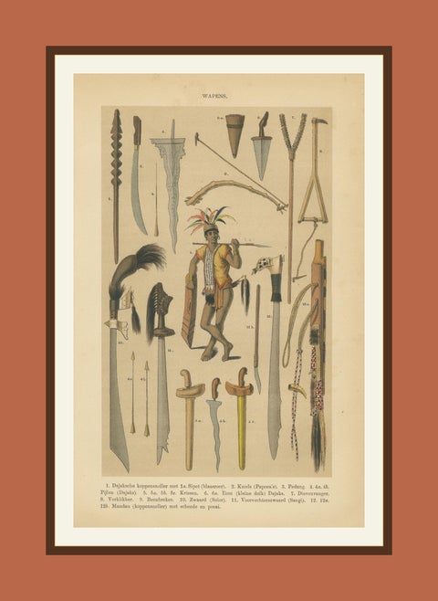 Antique Print, Javanese & Dayak Weapons, Spears, Kris & Ceremonial Arms, 1860, shown framed
