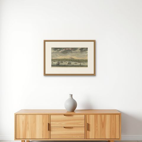 Antique Print of Batavia or Nowadays Jakarta, Indonesia, by Valentijn (1726), shown framed on a wall, true to size