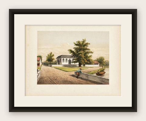 Antique Print of a Church in Batavia 'Jakarta', Indonesia 1888, shown framed